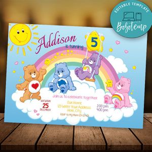 Editable Teddy Bears Balloons Hearts Clouds Birthday Invitations