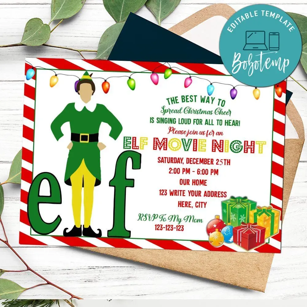 Elf movie night Christmas Invitation Customizable Template DIY Bobotemp