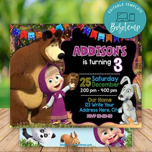 Editable Masha and the Bear Birthday Invitations Instant Download