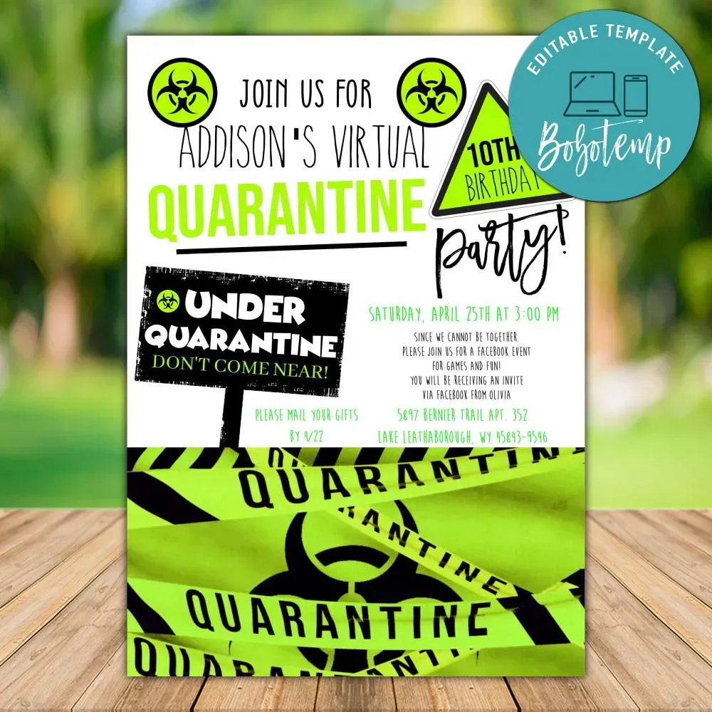 Printable Virtual Quarantine Party Invitation Instant Download | Bobotemp