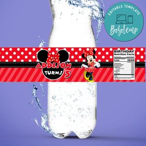 Minnie Mouse Birthday Water Bottle Label Template to Print at Home Instant Download