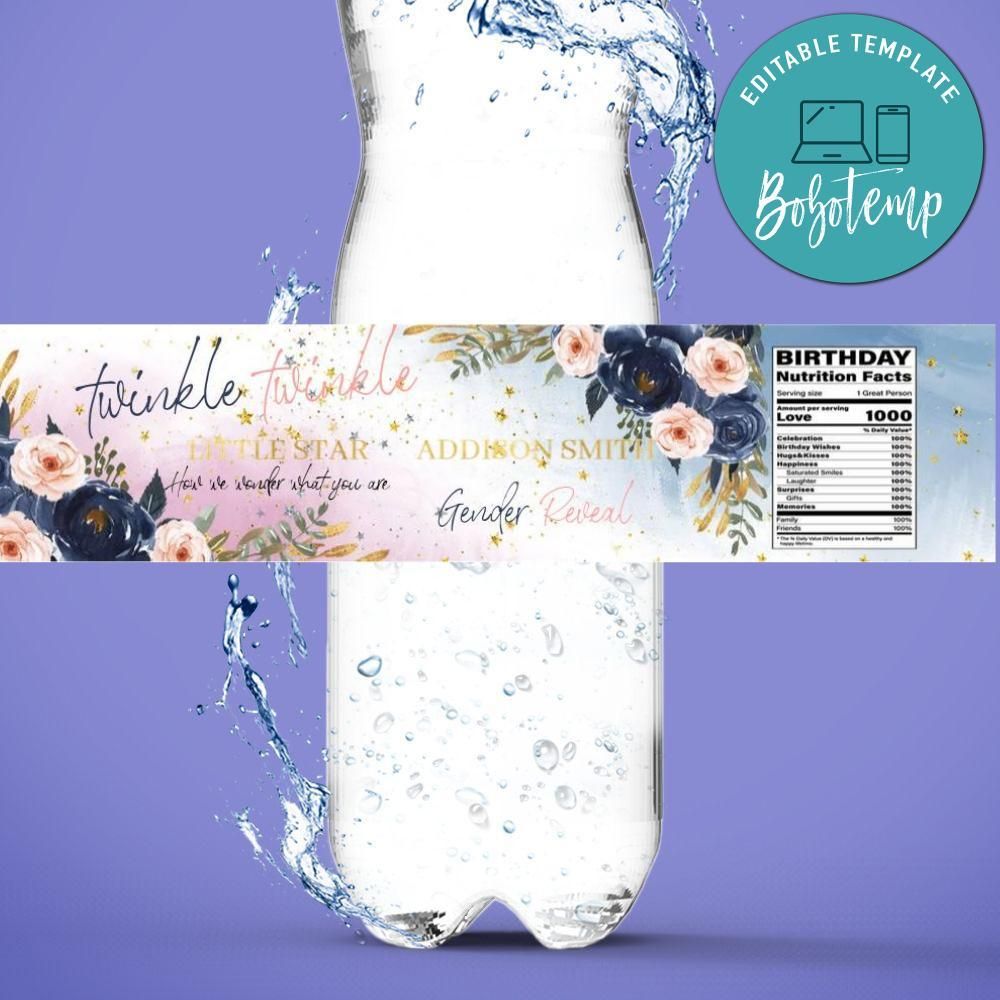 Twinkle Twinkle Little Star gender reveal Water Bottle Label Template to Print at Home Instant Download