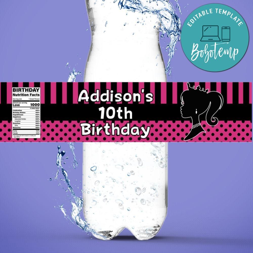 Barbie Birthday Water Bottle Label Template to Print at Home
