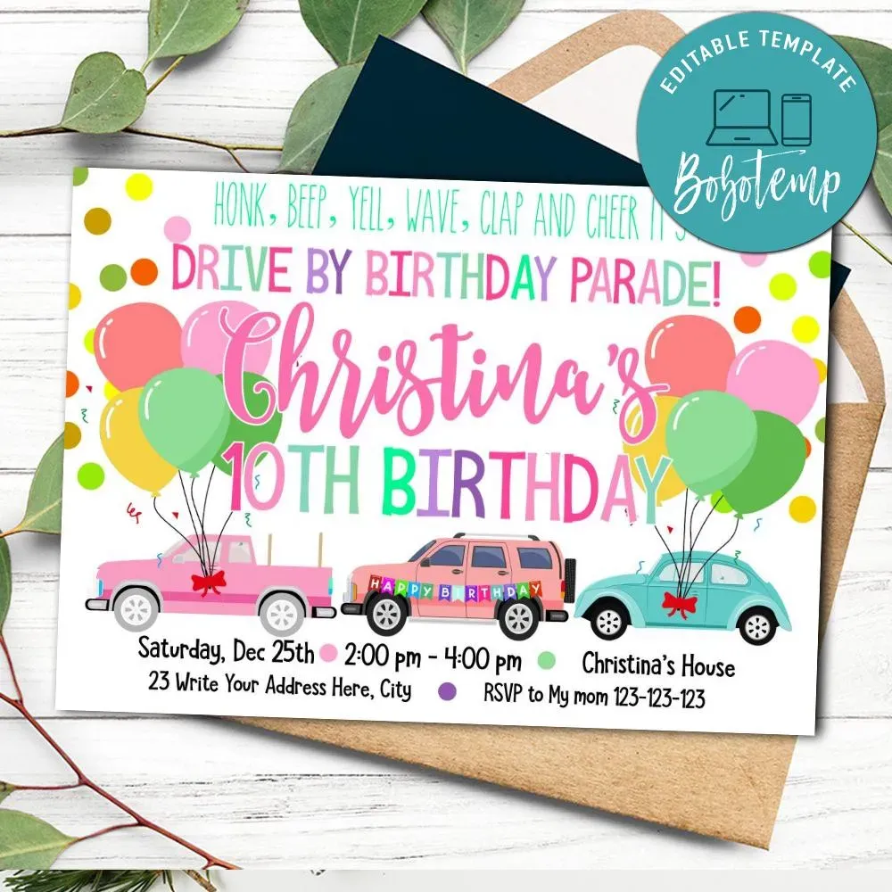 Printable Drive By Birthday Invitation for Girl Instant Download | Bobotemp