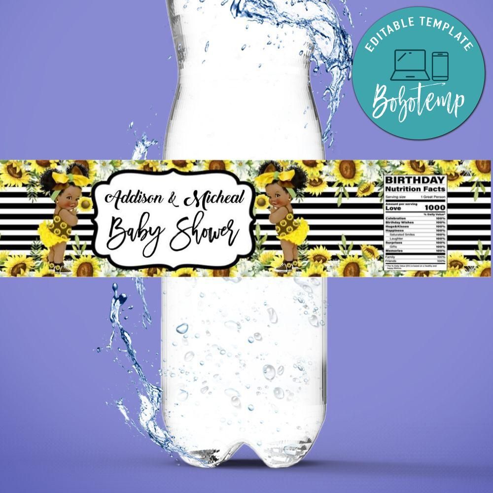 Sunflower Baby Shower Water Bottle Label Template DIY | Bobotemp