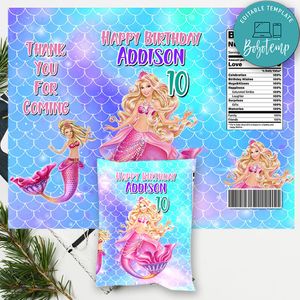 Barbie Mermaid Birthday Chip Bag Digital File Printable Instant Download