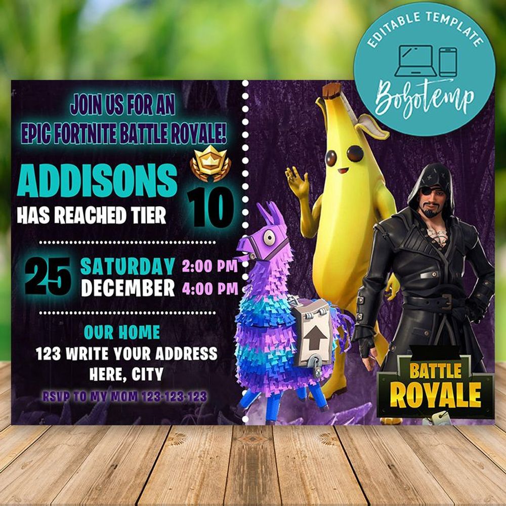editable fortnite season banana birthday invitation