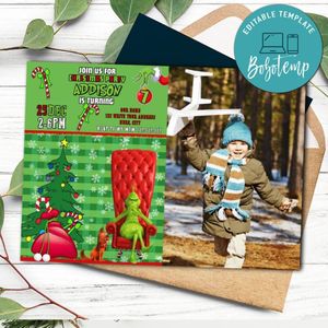 Grinch Themed Christmas Party Invitation Template with Photo to print at home Instant Download
