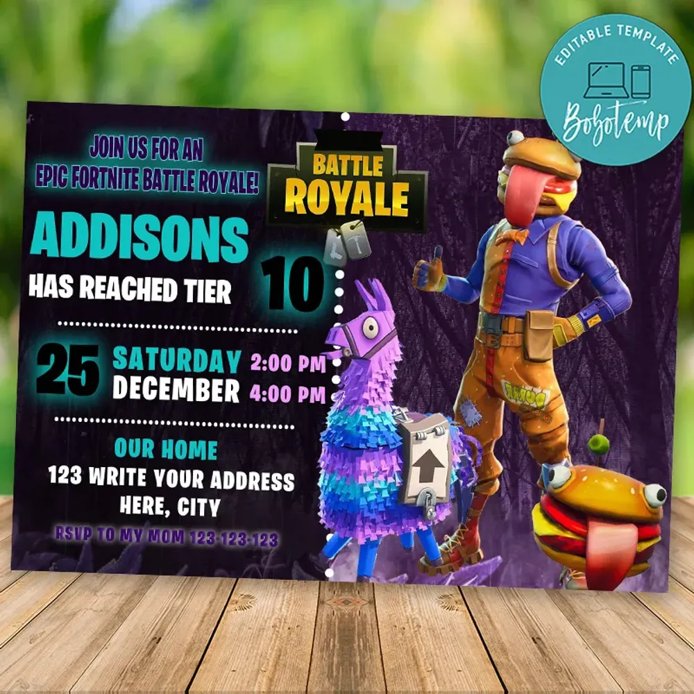 Editable Fortnite Durr Burger Birthday Invitation Diy Bobotemp
