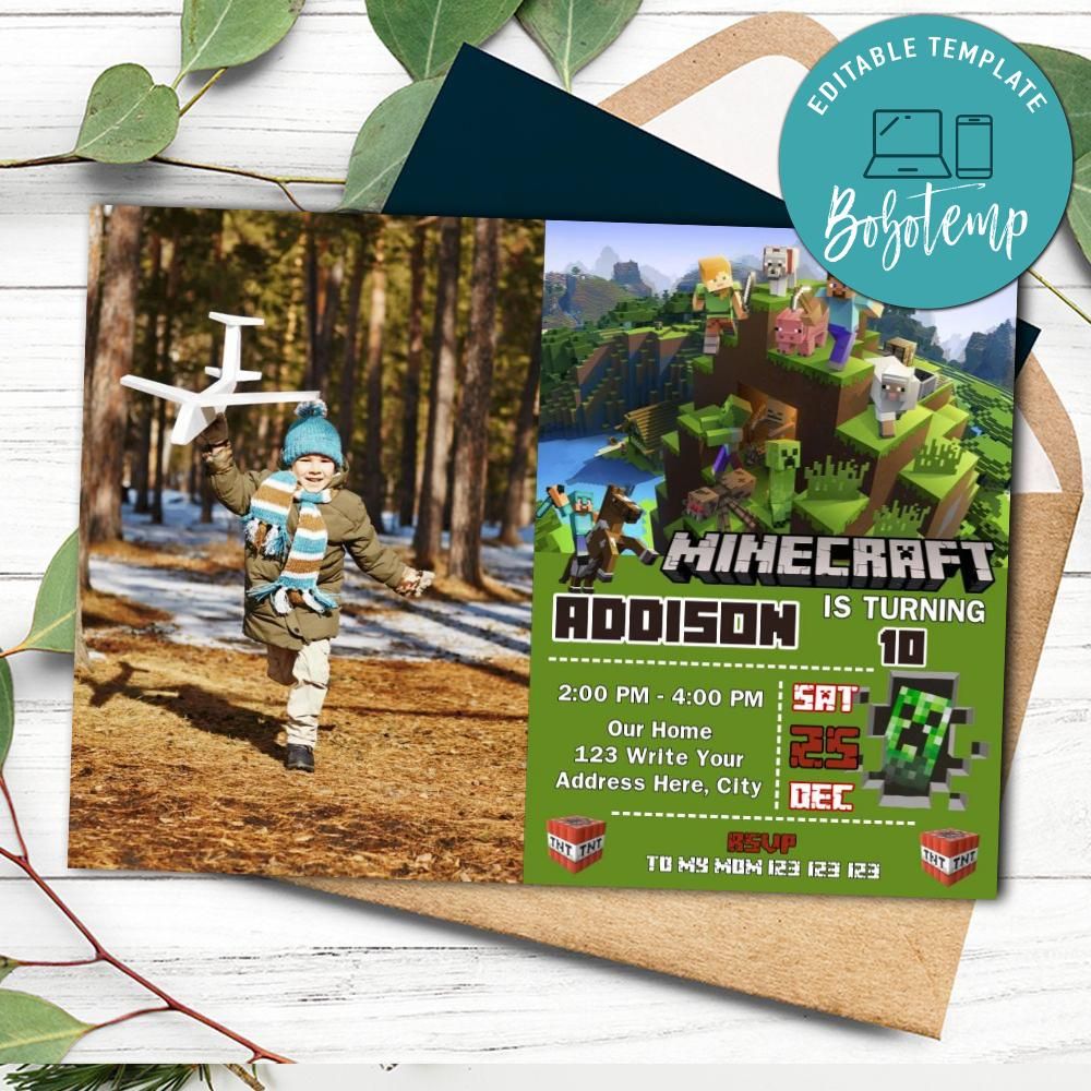 Minecraft Birthday Invitation with Photo Printable DIY | Bobotemp