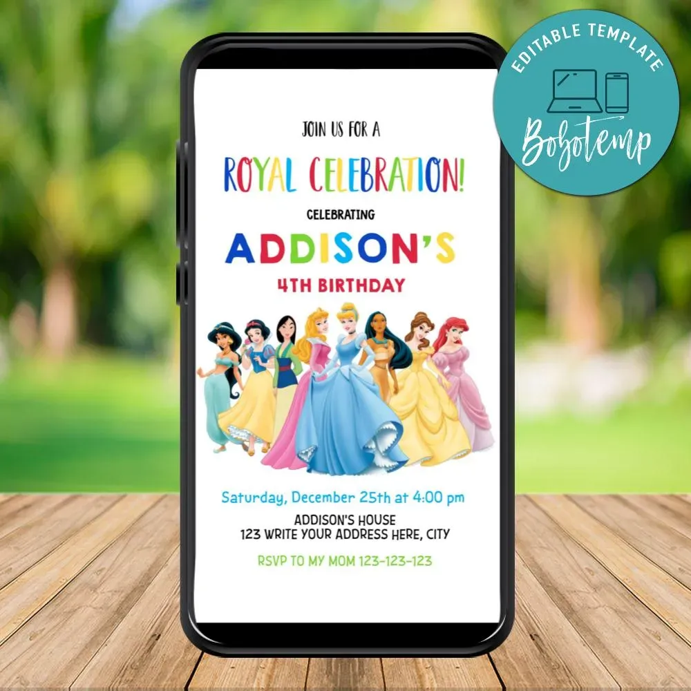 Mobile Disney Princess Birthday Electronic Invite Invitation Template ...