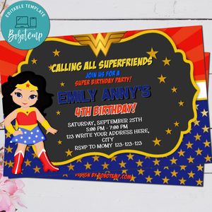 Wonder Woman Cartoon Party Invitation Printable
