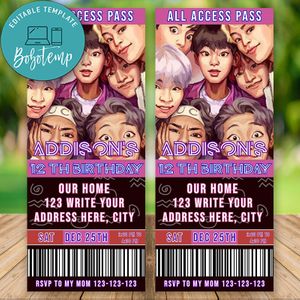 Editable Bangtan boys Ticket Birthday Invitation Instant Download