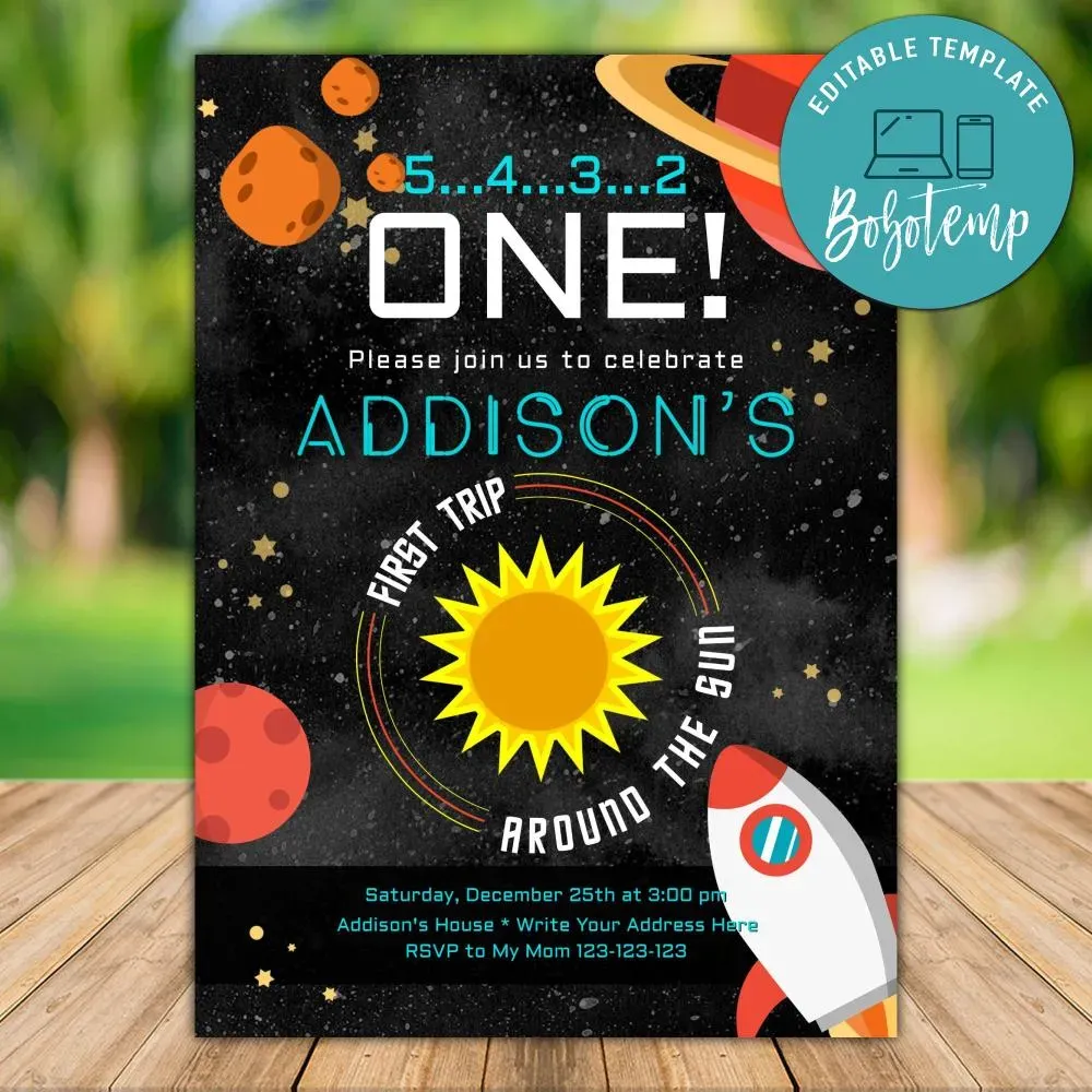 Printable First Trip Around The Sun Birthday Invitation Template Bobotemp