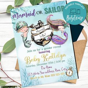 Mermaid or Sailor Gender Reveal Invitation Customizable Template Instant Download