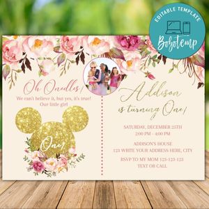 Printable Mickey Mouse Pink Gold Glitter Birthday Invitation With Photo Instant Download