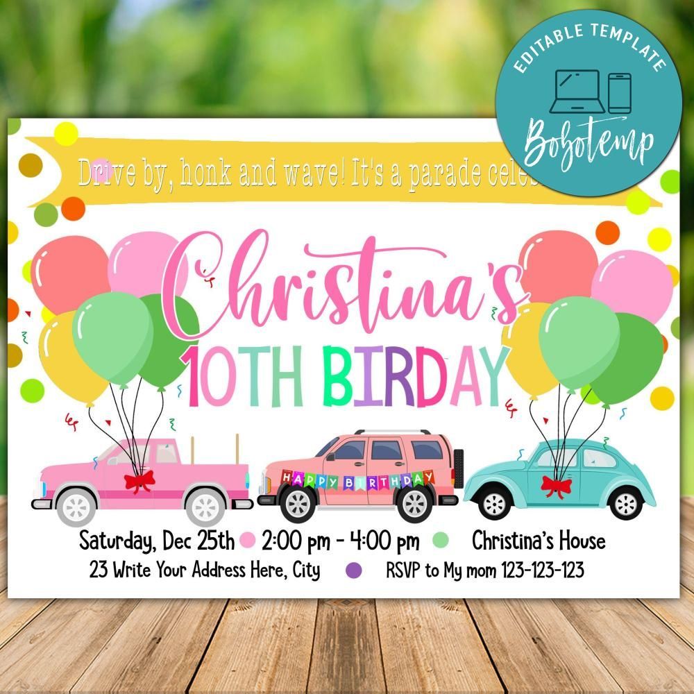 Printable Drive By Birthday Invitation for Girl Instant Download Bobotemp
