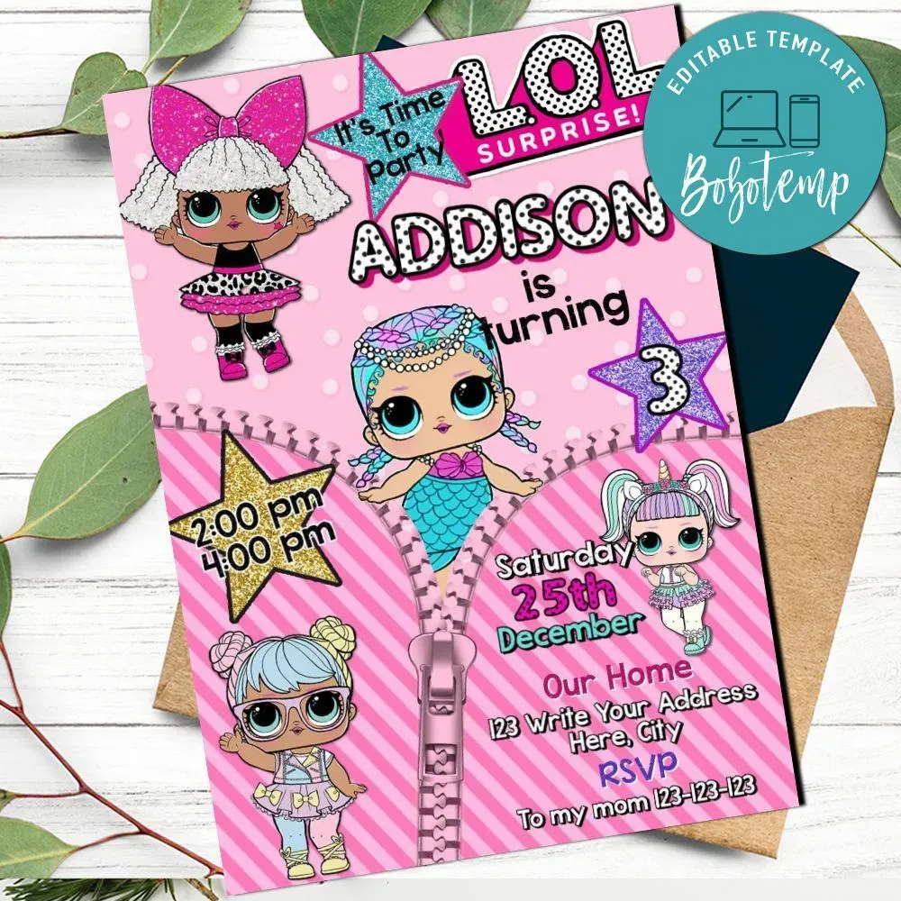 Editable LOL Surprise Dolls Birthday Invitation Templates DIY