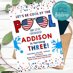 4th July Pool Party Birthday Invitation Template to Print at Home Instant Download