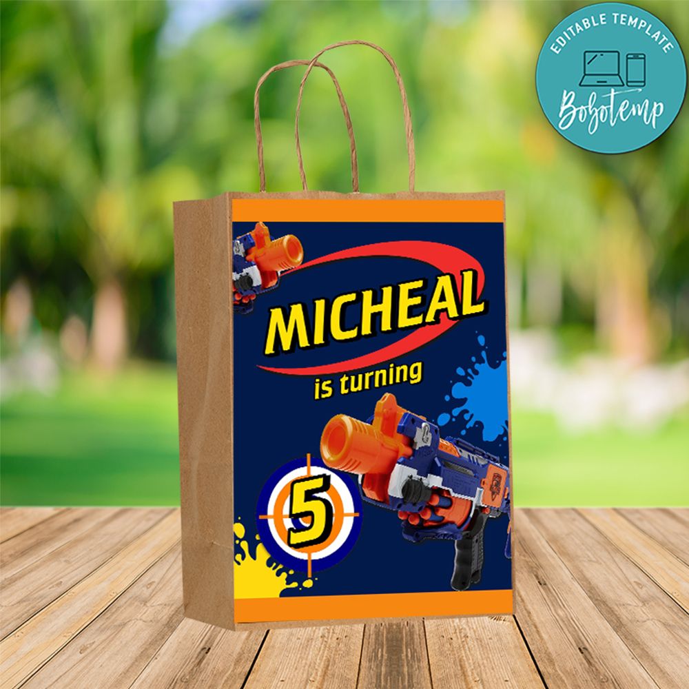Custom Nerf Gun Inspired Gift bag Label to print at home DIY | Bobotemp