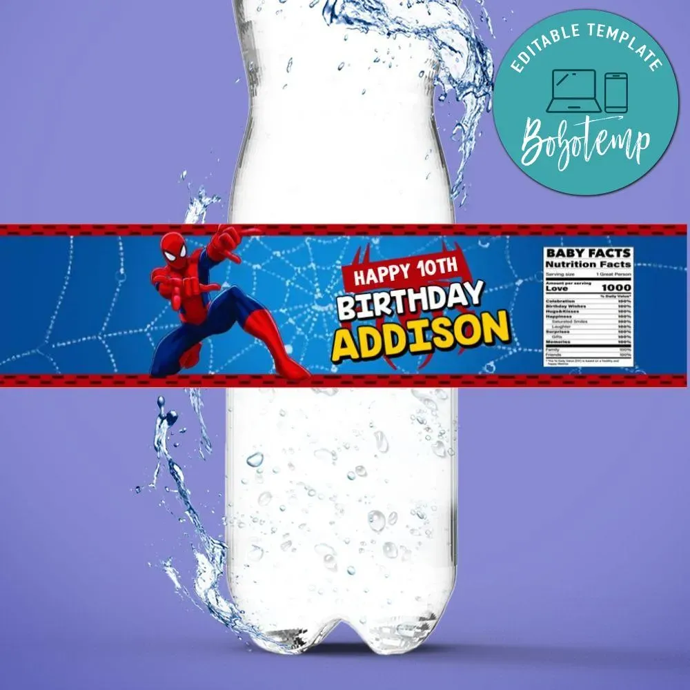 Spiderman Birthday Water Bottle Label Template to Print at Home | Bobotemp