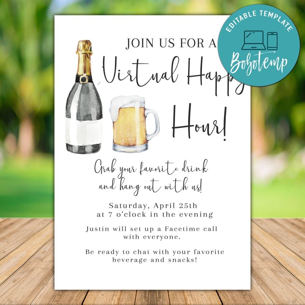 Printable Quarantine Virtual Happy Hour Party Invite Template DIY ...