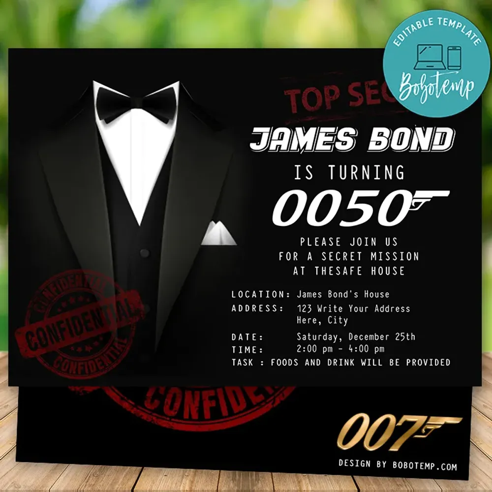 Printable James Bond Surprise 50th Birthday Invitation For Man Surprise 50th Birthday Invitation
