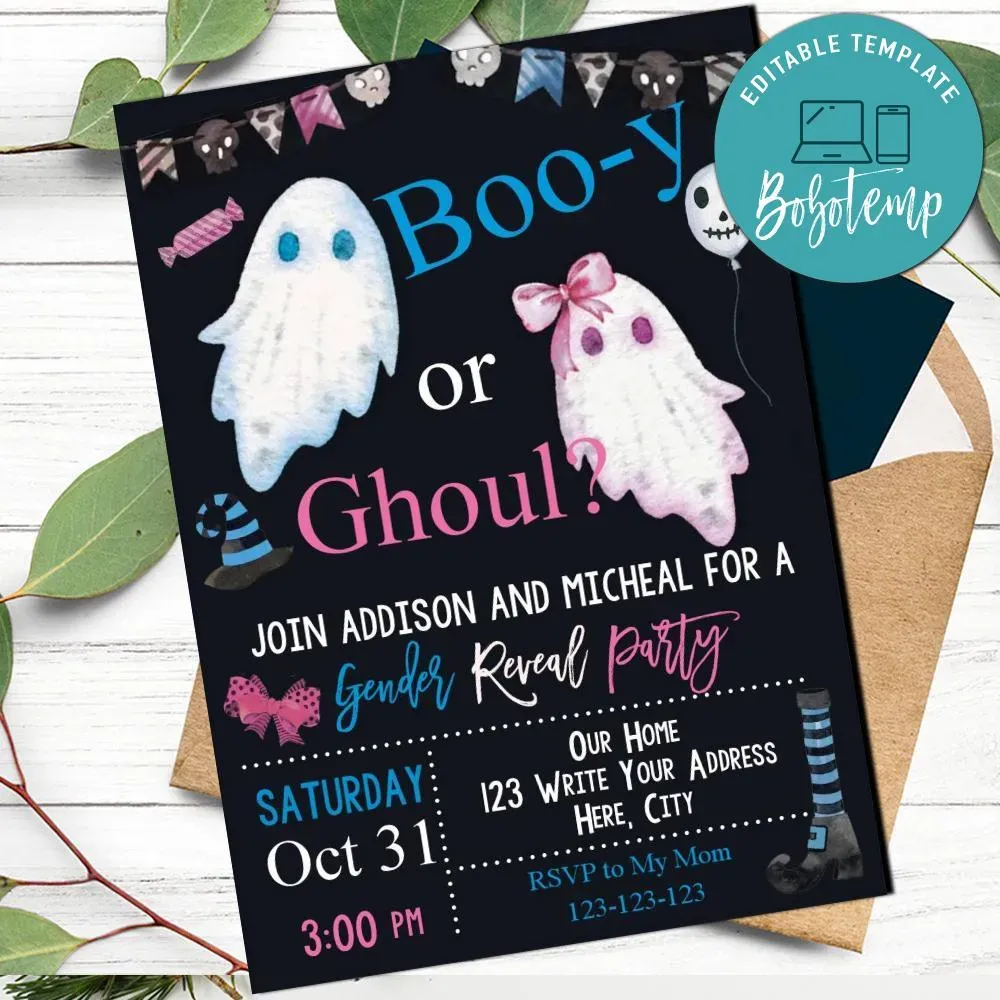 Halloween Gender Reveal Invitation Customizable Template | Bobotemp