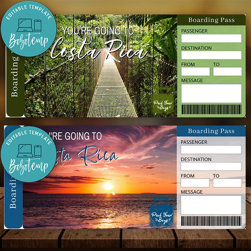 Editable COSTA RICA Surprise Gift Ticket Instant Download | Bobotemp