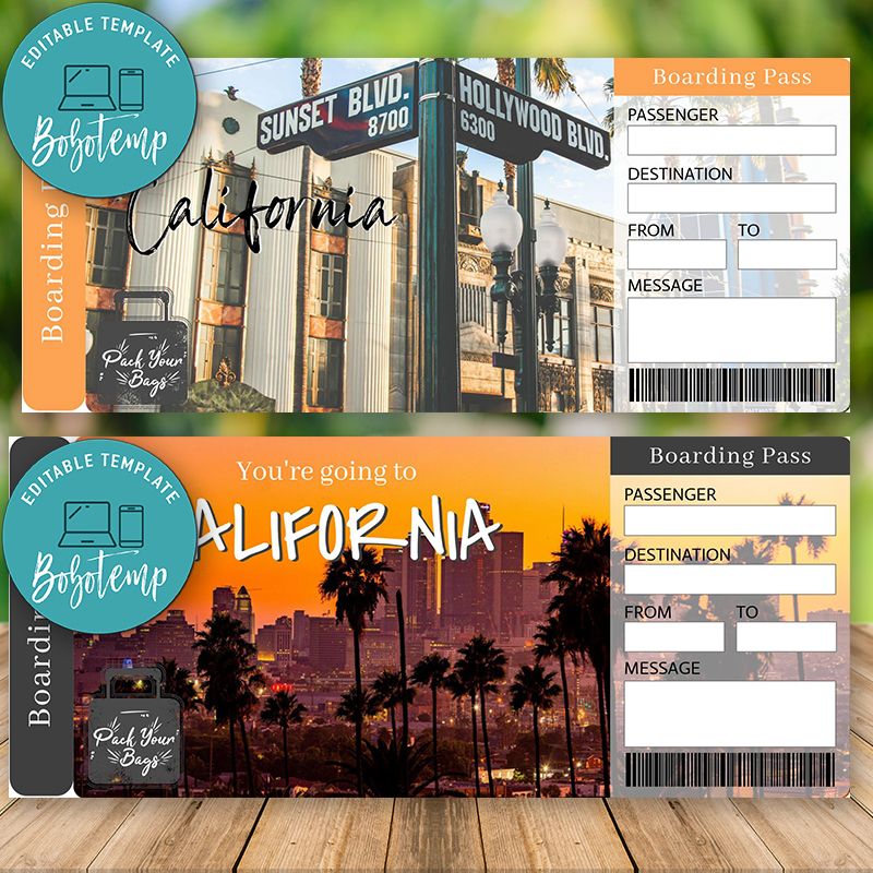 Editable CALIFORNIA Surprise Trip Gift Ticket Instant Download