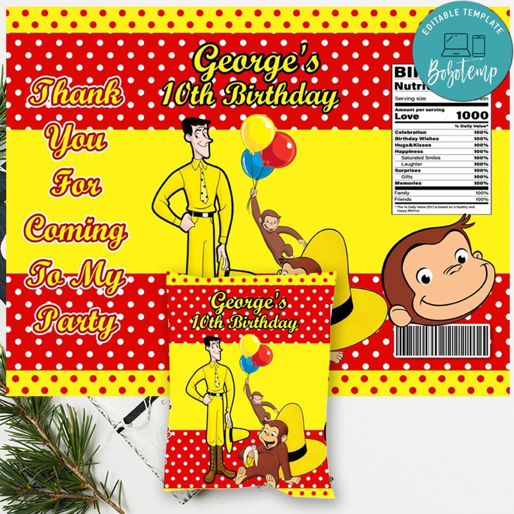 Curious George Chip Bag Digital File Printable Instant Download