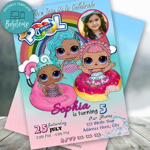 Editable Donut Lol doll Pool Party Invitation With Photo and Free Thank You Tag Instant Download