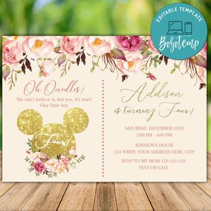 Printable Mickey Mouse Pink Gold Glitter 4th Birthday Invitation Instant Download