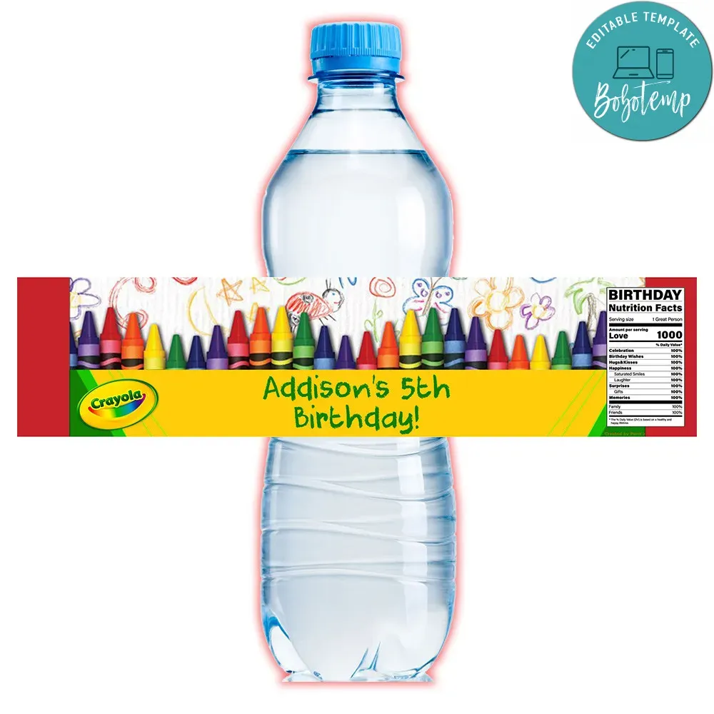Crayola Crayons Birthday Water Bottle Label Template DIY Bobotemp