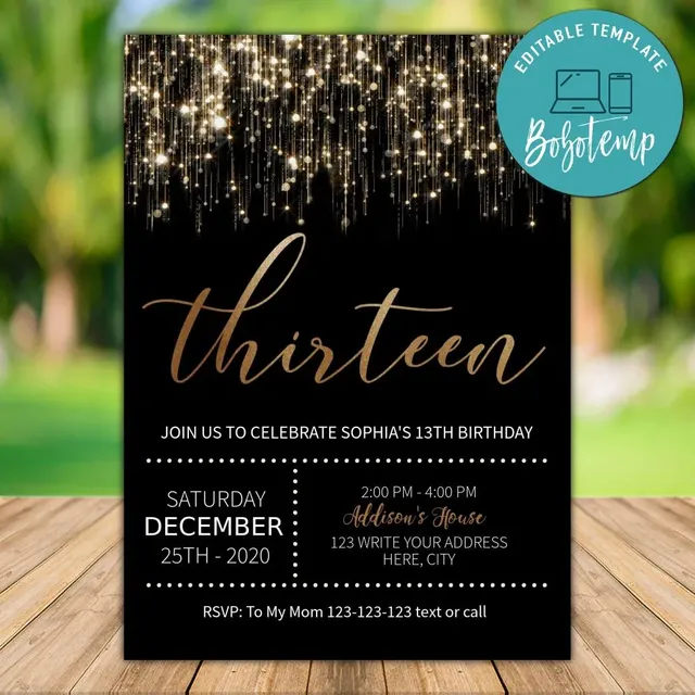 Printable Black and Gold Sparkle Glitter Thirteen Invitation DIY | Bobotemp