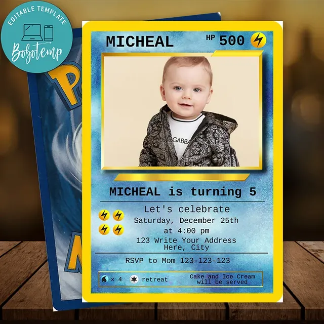 Editable Pokemon Card Party Invite With Photo Instant Download Bobotemp
