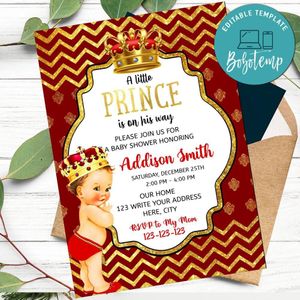 Red A prince is on his way Invitation Template Instant Download