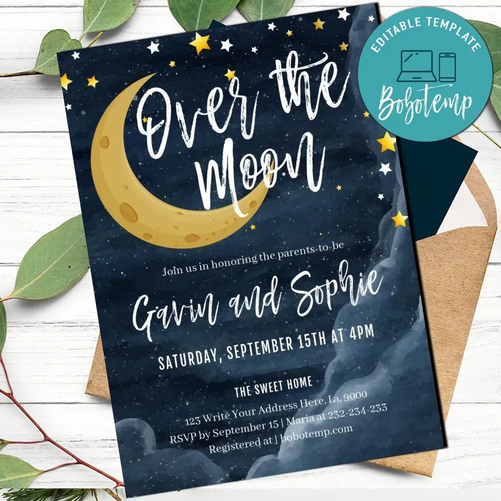 Moon and stars invitation Customizable Template Instant Download | Bobotemp