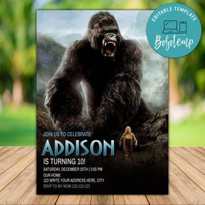 Printable King Kong Birthday Invitation Instant Download