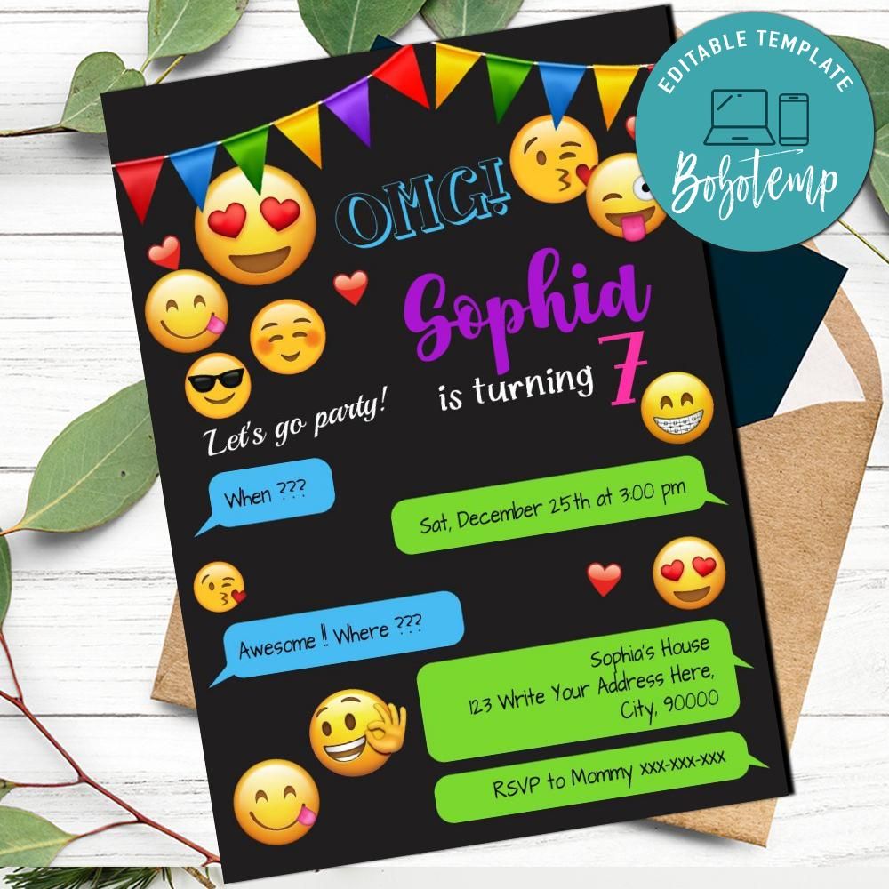 OMG Emoji Birthday Invitation Printable Instant Download, image size:1000x1000