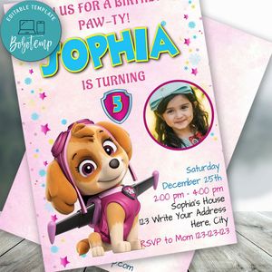 Editable Paw Patrol Pink For Girl Invitations With Photo Instant Download