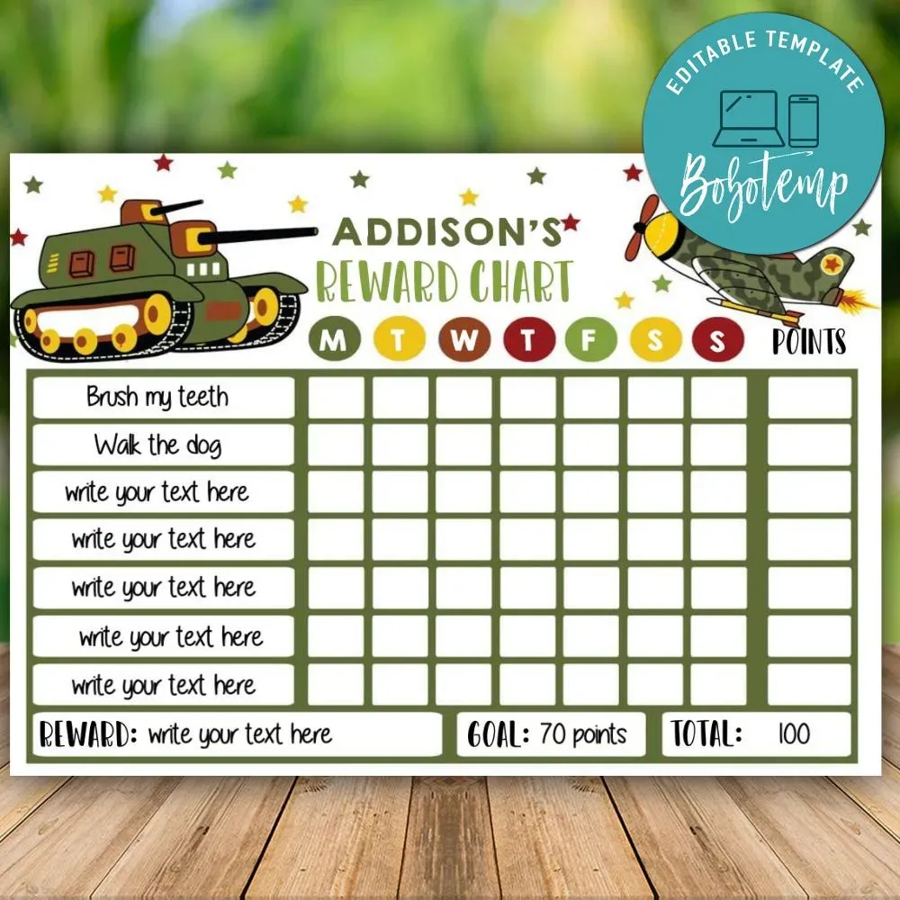 Printable Army Tank Reward Chart Instant Download Createpartylabels