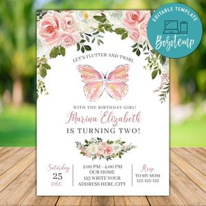 Printable Butterfly 2nd Birthday Invitation Instant Download
