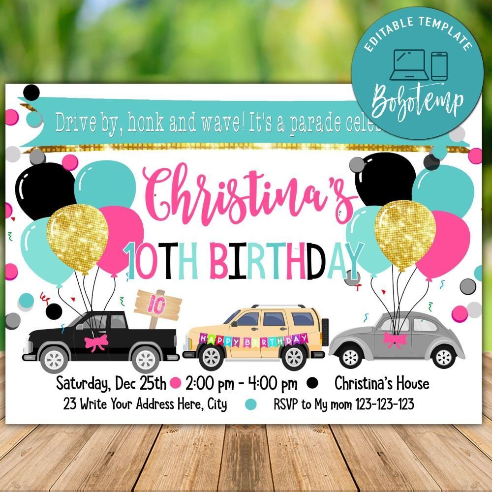 Drive By Birthday Invite Template for Girl Instant Download Bobotemp
