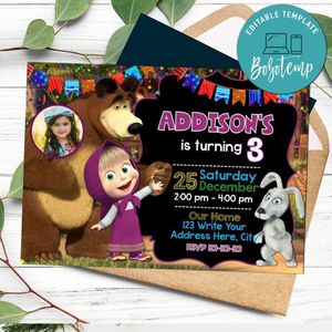 Editable Masha and the Bear Invitation With Photo Instant Download