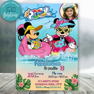 Personalized Mickey Minnie Mouse Pool Party With Photo Invitation Instant Download