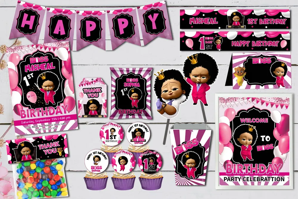The King Boss Girl Baby Invitation African American Birthday Set