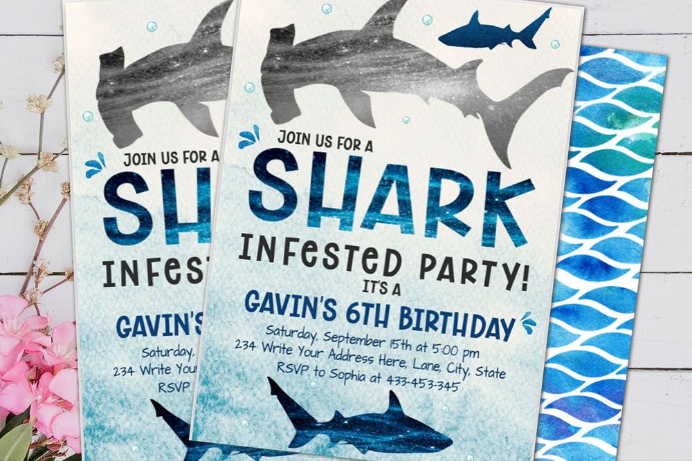 Shark Party Hammerhead shark Watercolor Boy Pool Party Summer