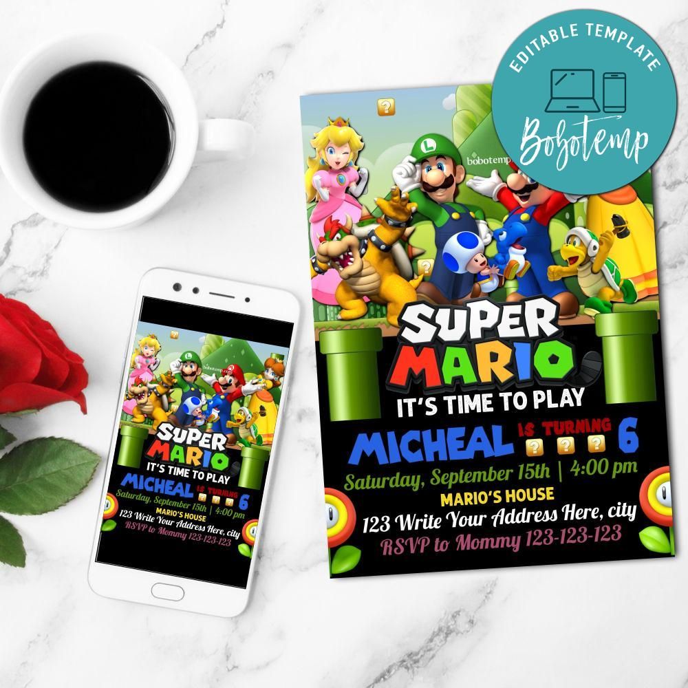 Mario Invitation Customizable Template Instant Download | Bobotemp