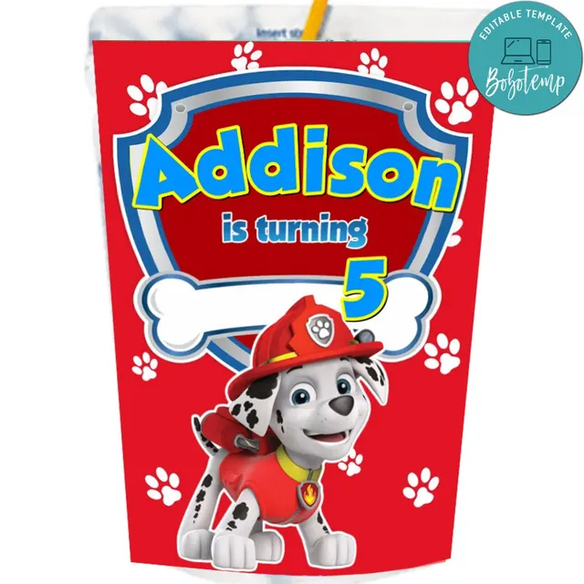 Marshall Paw Patrol Capri Sun Labels Digital File Printable
